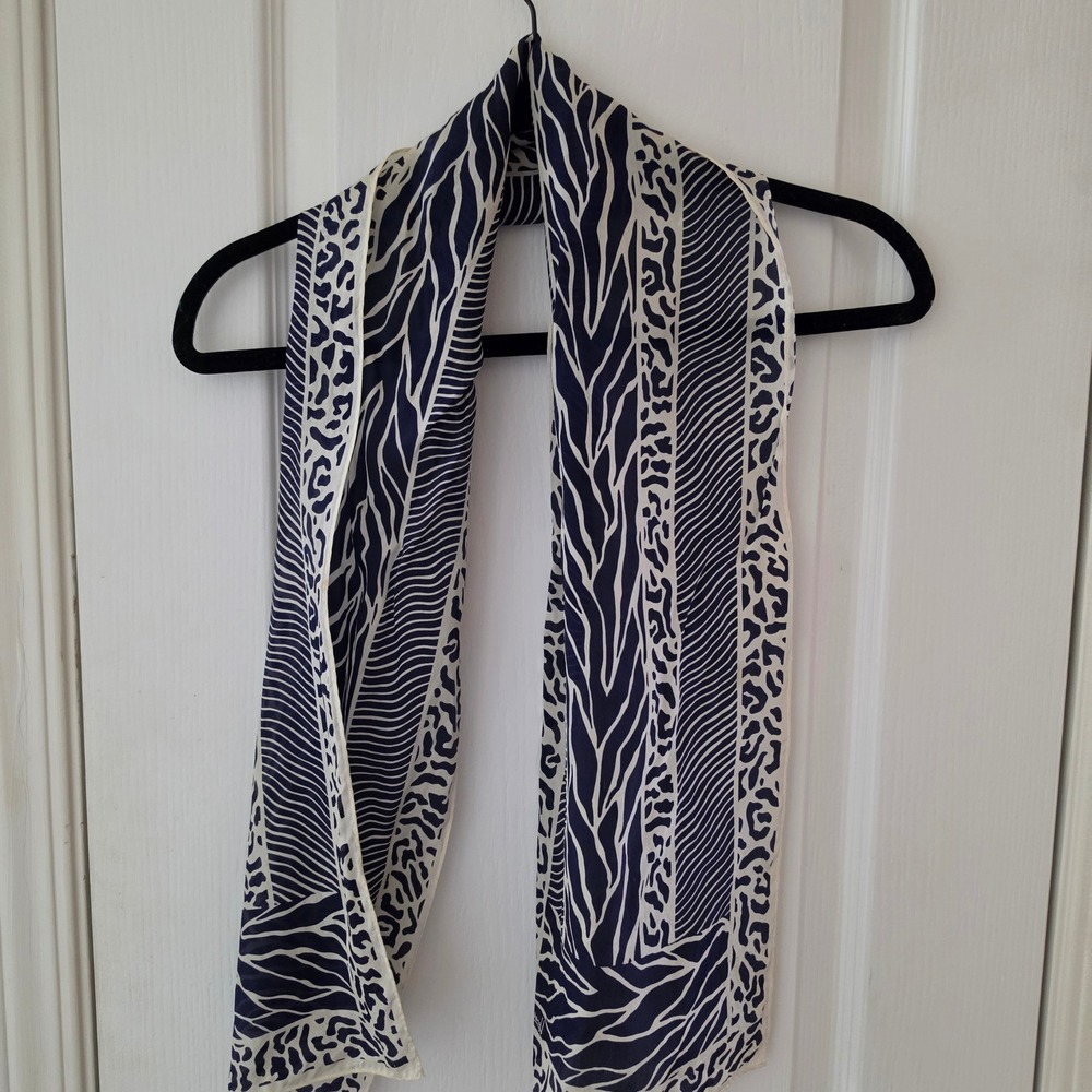 Honey Silk Scarf Navy Blue Cream Animal Print Zebra Leopard 10x52
